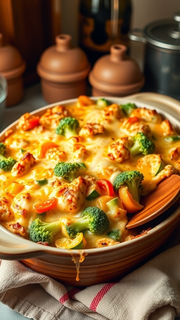 A cheesy vegetable casserole with broccoli, bell peppers, and zucchini, topped with melted cheese, in a rustic baking dish.